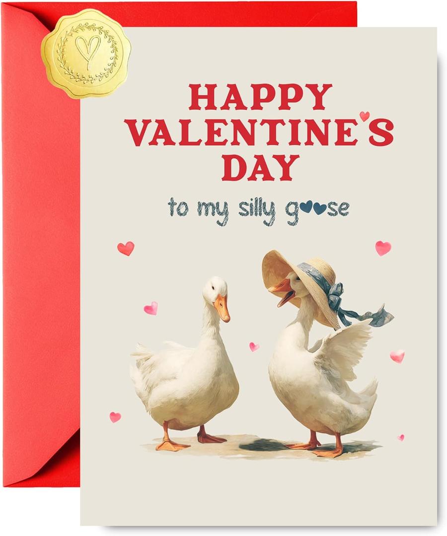 2 x Funny Valentines Day Card for Him Her, Cute Goose Lovers Happy Valentine's Day Card with Envelope & Sticker (5x7 IN, 1 Set) (Red)