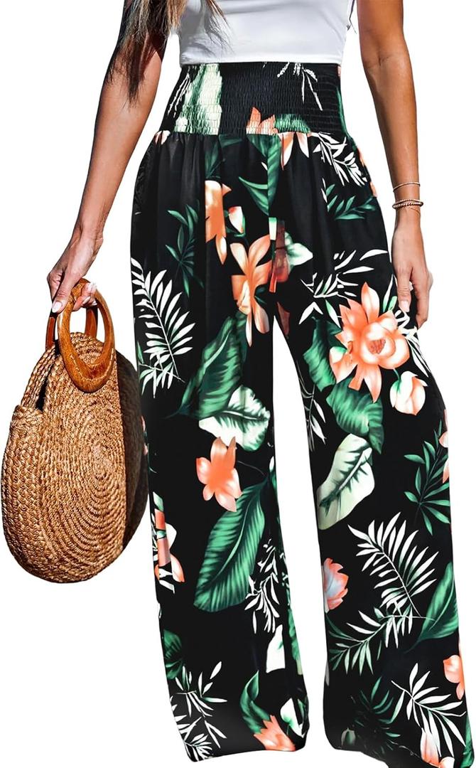 LOTUCY Heart Pants for Women Casual High Waist Wide Leg Pants Floral Print Drawstring Palazzo Long Lounge Pants (Medium)