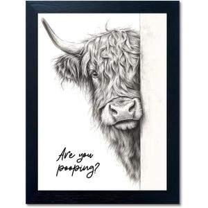 Funny Highland Cow Bathroom Wall Art - Rustic Farmhouse Wall Decor with Humorous Are You Pooping Canvas Print, Cute Animal Canvas Art for Restroom - Black Framed Cow Pictures Wall Decor Ready to Hang 8"x10"