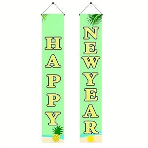 BlissYard Happy New Year Door Banner Set 71 X 12 Inch Tropical Pineapple Design Green And Yellow Vertical Hanging Porch Decoration Front Door Hanging Sign Holiday Party Entryway Fireplace