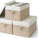 GRANNY SAYS Storage Basket with Lid, Linen Fabric Storage Bins with Label, Decorative Storage Boxes, Clothes Storage and Organization, Memory Keepsake Box, 3-Pack, Khaki&Ivory