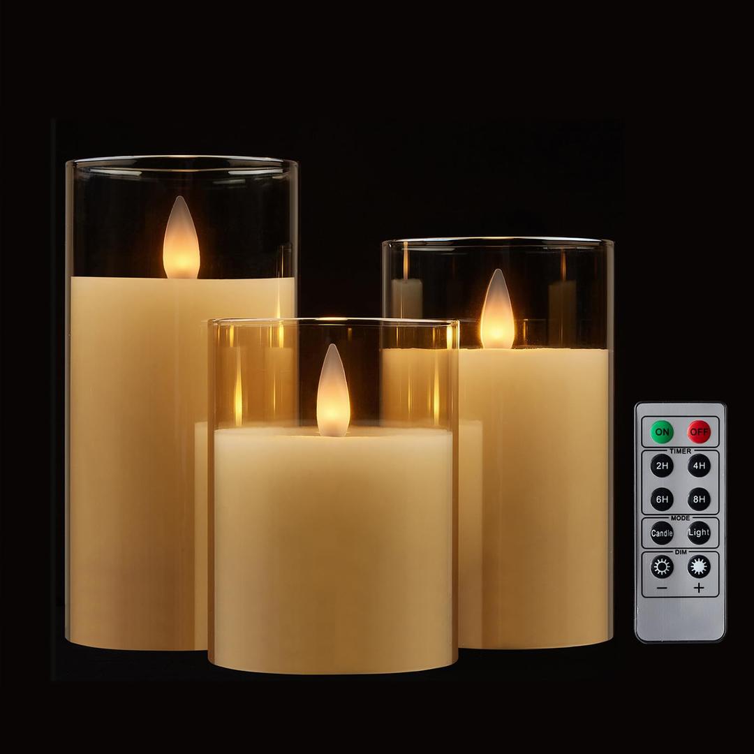 CozierGlow Glass Flameless Pillar Candles Flickering with Remote Timer, Battery Operated LED 3D Moving Flame Real Wax Candles,Remote Included (Champagne)