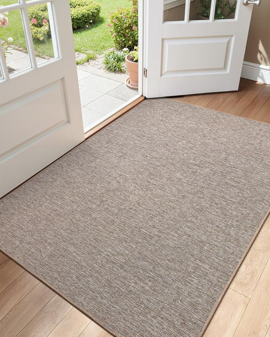 Color&Geometry Ultra Thin Indoor Door Mat (Rolled-up NO Creases) 36"x56", Non Slip Rubber Backed Dirt Trapper Door Mat Indoor Entrance, Low Profile Entryway Mat, Easy Clean, Light Brown Linen