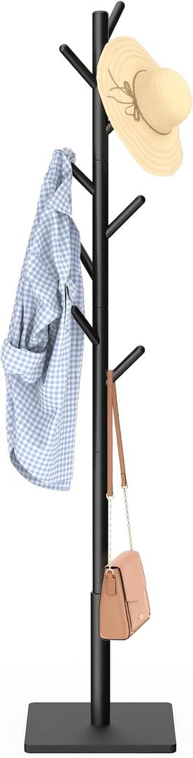 Coat Rack Freestanding with Stable Square Base for Cloathes, Hat, Used in Bedroom, Office and Entryway, Sturdy and Easy Assembly Coat Tree with 3 Adjustable Sizes and 8 Hooks, Black