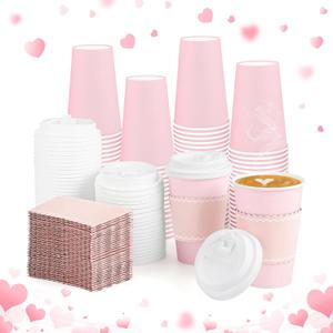 60 Pack Pink Coffee Cup with Lids Sleeves, 12 Oz Insulated To Go Paper Cups Pink Party Cups Disposable Paper Cups, Drinking Cup for New Year Anniversay Valentine's Wedding Birthday Baby Shower Party