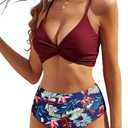 ZAFUL Twist High Waisted Bikini for Women Cross Lace Up Bathing Suit Ruched Bikini Swimsuits Tummy Control Swimwears (Small, Z-printed-wine)