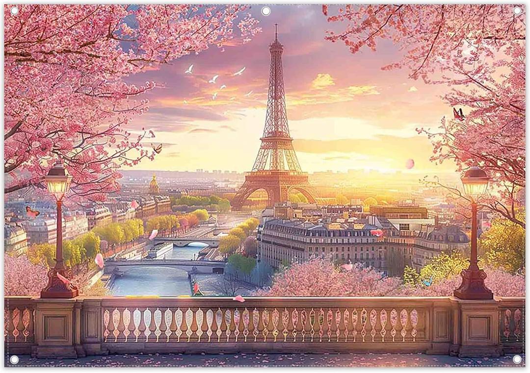 8x6ft Fabric Eiffel Tower Backdrop Paris Landscape Floral Lake Bridge Photography Background Wedding Girls Birthday Party Decorations Photo Booth Props
