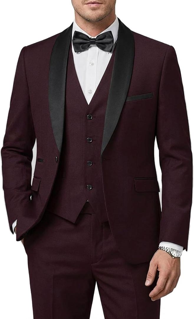 Hihawk Mens 3 Piece Tuxedo Set with Bow Tie, One Button Shawl Lapel Jacket Vest Pants, Slim Fit Suit Party Wedding Prom Tux (Red, S)