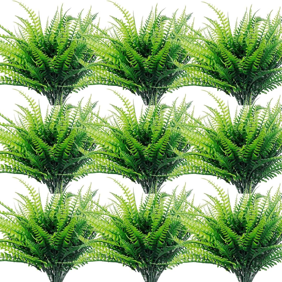 TURNMEON 12 Bundles Fake Boston Fern Artificial Plants Outdoor Summer Decor, UV Resistant Faux Plants Flowers Plastic Greenery Shrubs Outside Indoor for Home Gardens Patio Yards Porch Spring Decor
