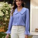 siliteelon Plaid Shirts for Women Gingham Top Button Down Shirts Peter Pan Collar Puff Long Sleeve Cotton Casual Work Blouse Blue