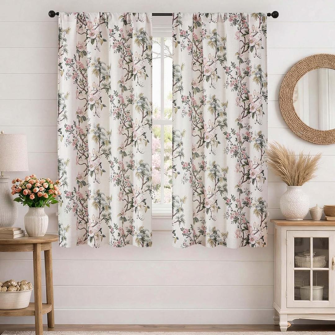 Simplebrand Natural Floral Curtains 54 Inch Length 2 Panels, Faux Linen Textured Light Filtering Privacy Curtains, Farmhouse Semi Short Window Drapes for Cabinet Bedroom Bathroom, Each 40" Wx54 L