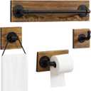 MyGift 4-Piece Bathroom Hardware Set Toilet Paper Holder with Burnt Wood and Industrial Matte Black Metal Pipe Includes, Towel Ring, Towel Bar and and Robe Hook