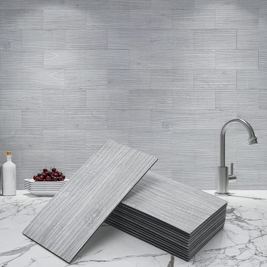 Art3d 102-Piece Peel and Stick Tile Backsplash for Kitchen Bathroom, 3in.  6in. Stick on Subway Tile White-Washed Wood Plank