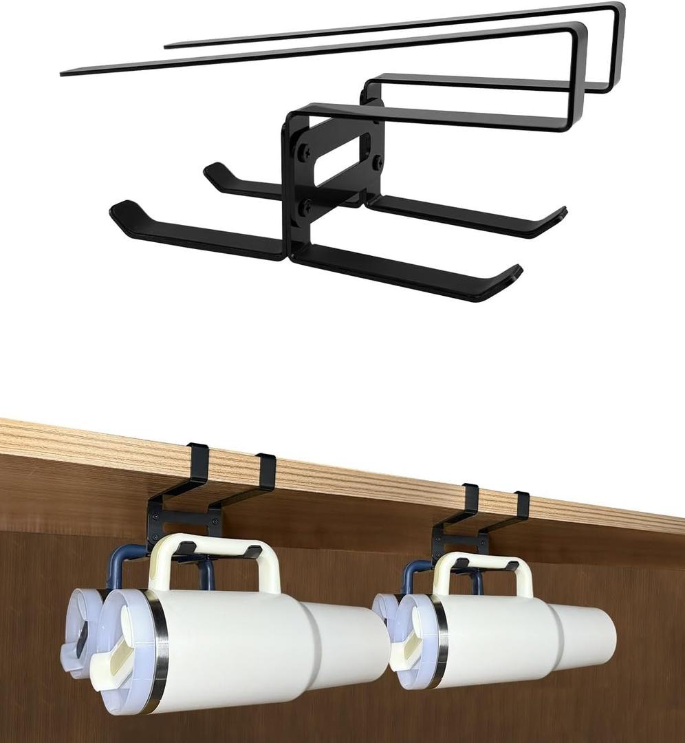No Drill Under Cabinet Tumbler Rack, Hanging Organizer for Stanley 30/40 oz Water Bottles with Handle (2 Pack) (Black)