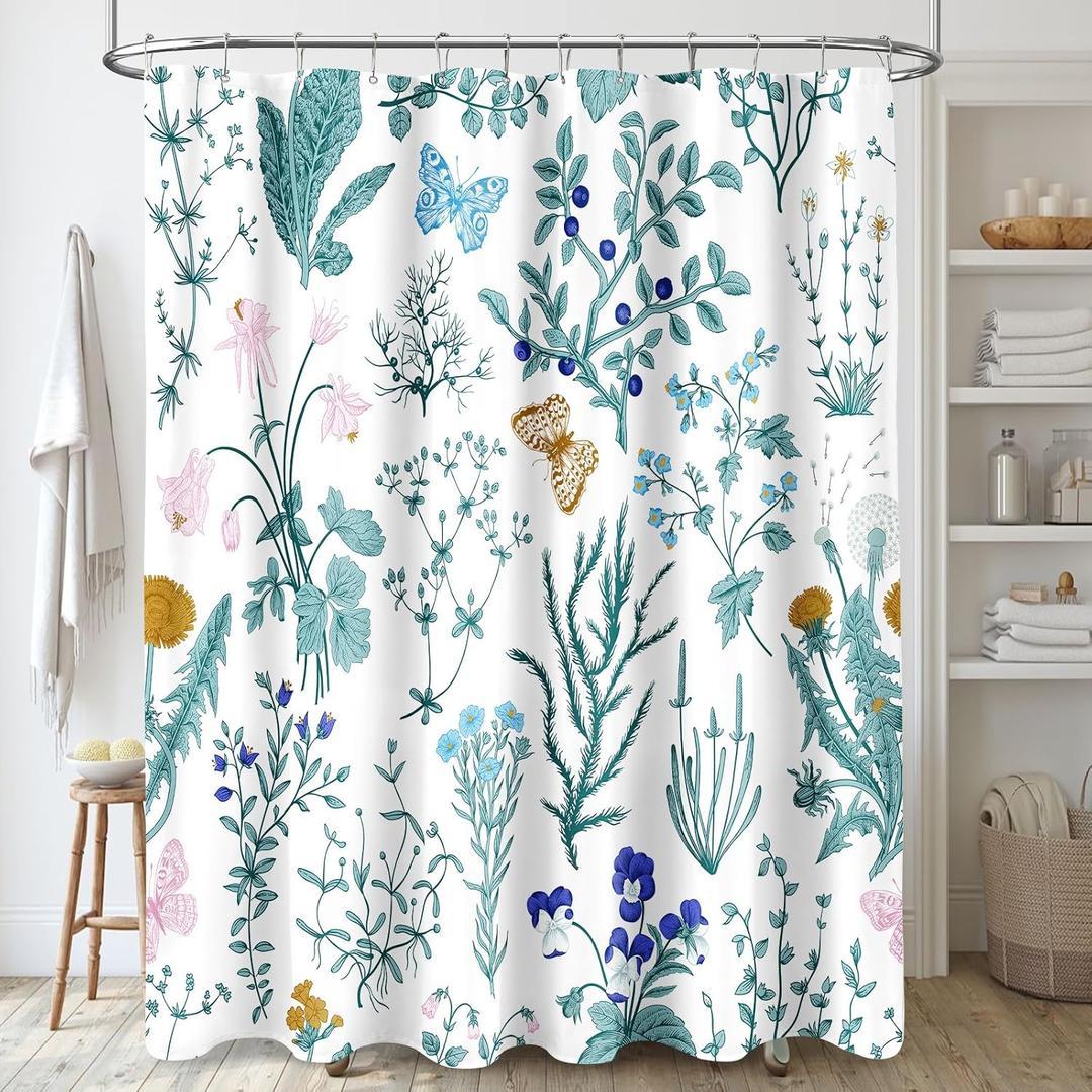 MAYZUS Extra Long Shower Curtain 72 x 84 Inch, Tall Teal Floral Fabric Shower Curtain, Cute Botanical Herbs Flower Butterfly Aesthetic Bathroom Shower Curtain Set with Hooks