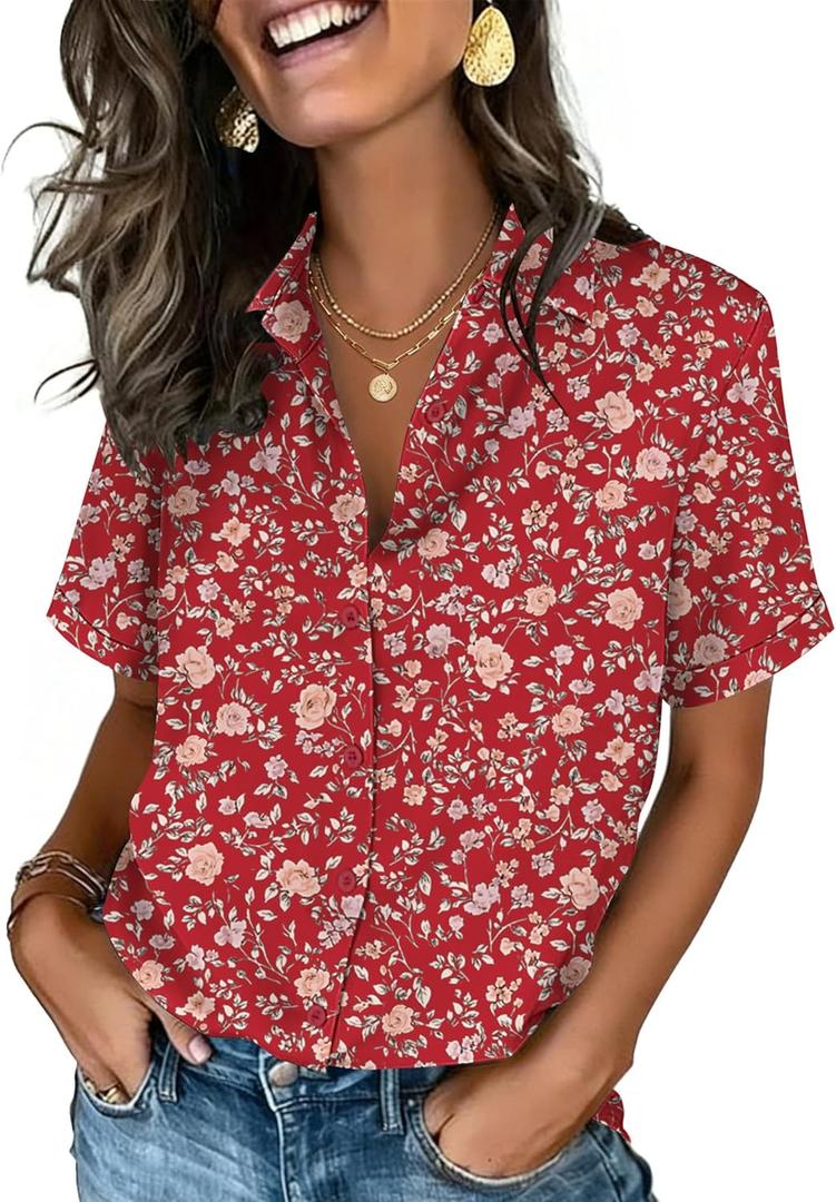 Zeagoo Button Down Shirts for Women Short Sleeve Collared Tops Dressy Casual V Neck Blouses (XX-Large)