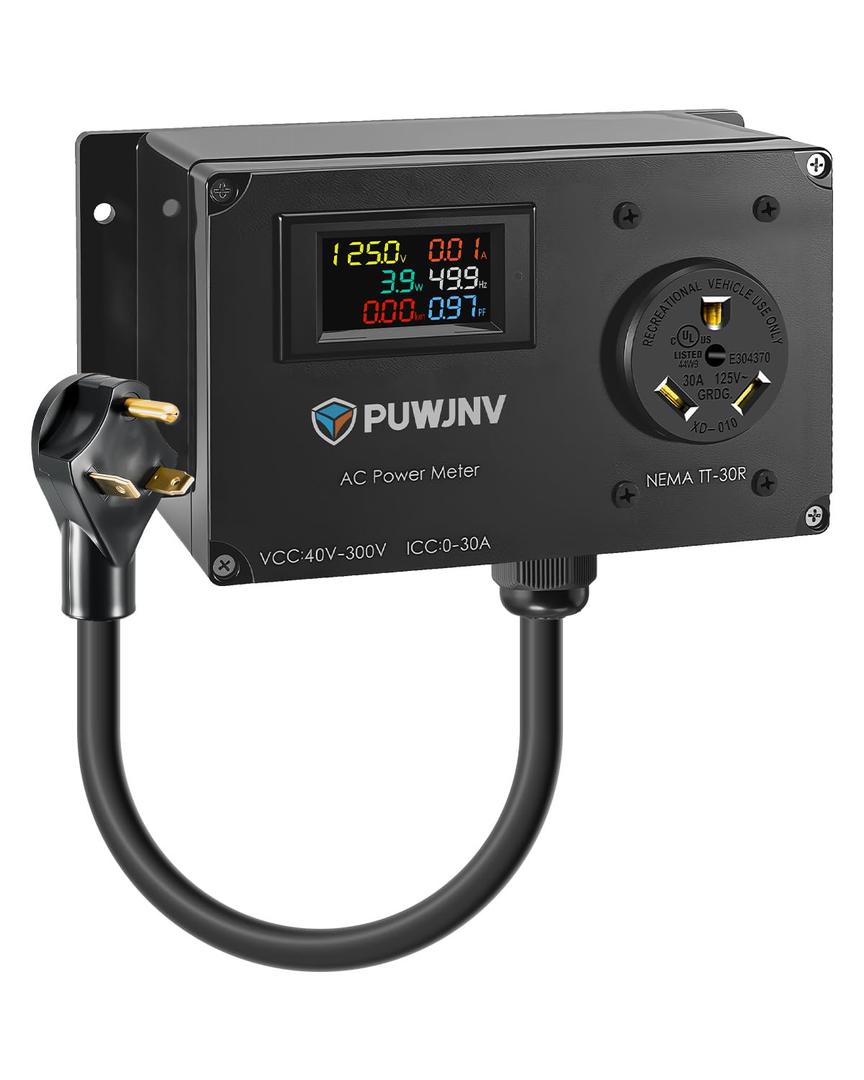 30A AC Power Meter, 125V TT-30P to TT-30R Generator Plug-in Energy Monitor with LCD Display, Voltage Current Wattage Frequency kWh Tester for RV Campgrounds, Travel Trailers and Generator Backup