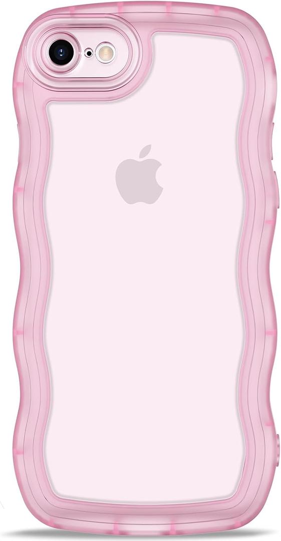 Anuck for iPhone SE Case 2022/2020, iPhone 8/7 Case Wavy Edge Clear Back Design, Anti-Slip Grip Cute Wave Curly Frame Shape Shockproof Soft TPU & Hard Bumper Protective Phone Cover, Clear Pink
