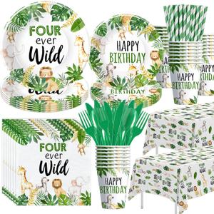 Safari Jungle Theme 4th Birthday Party Supplies, Four Ever Wild Birthday Decorations Tableware, Wild Animal 4 Year Old Decorations, Plate, Cup, Napkin, Tablecloth, Cutlery, Serves 24