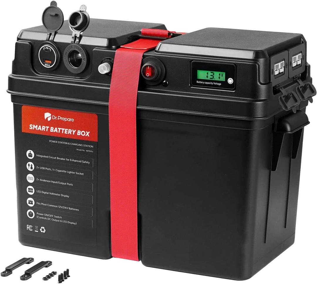 DR.PREPARE Trolling Motor Smart Battery Box, Group 24/27/31 Size Marine Battery Box with USB, 12V/24V Cigarette Lighter & Anderson Ports, Power Center for RV Solar Panel Boat (Batteries Not Include)