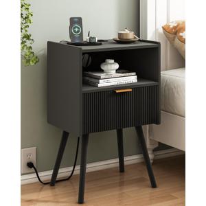 Black Nightstand with Outlet, Modern Bedside Table with Storage Drawer and Open Wood Shelf, for Living Room, Bedroom and Small Spaces, Accent Night Stand with Solid Wood Legs, Easy Assembly