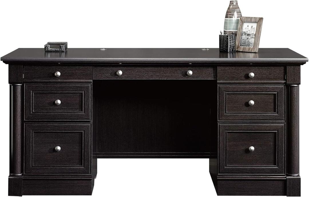Sauder Palladia Office Desk with Drawers, Executive Desk with File Cabinet Storage, Cable Management, Keyboard Tray, in Wind Oak Finish