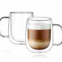 CNGLASS Glass Coffee Mugs 12oz,Double Wall Insulated Mug Set with Handle,Clear Glass Espresso Mugs for Latte,Cappuccino,Tea Bag,Hot and Cold Beverages,Set of 2