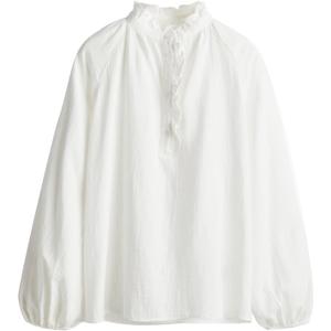 Womens White Ruffle Trim Muslin Blouse Long Raglan Balloon Sleeves Casual Button Tops (Medium)