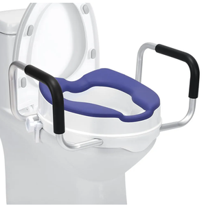Raised Toilet Seat with Handles, 4'' Toilet Seat Riser for Seniors with TPR Padded and Aluminum Arms, Toilet Safety Riser for Most Toilet (Blue)