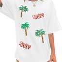 Christmas in July Shirt Women Oversized Christmas Hawaiian Shirts Xmas Palm Tree Tshirt Hawaii Summer Beach Vacation Tops (XL, White)