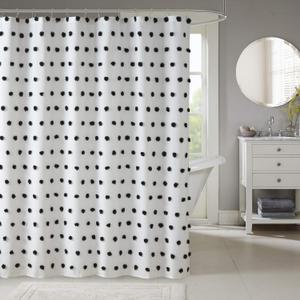 Madison Park Sophie Trendy Shower Curtain with Textured Pom-Poms Accent, Modern Bathroom Dcor, Machine Washable Bath Privacy Screen, 72 in x 72 in, Black/White
