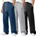 3 Pack Boys Straight Leg Sweatpant Kids Open Bottom Drawstring Athletic Jogger Baggy Elastic Waist Pant with Pocket (13-14 Years, Black, Royal Blue, Light Gray)