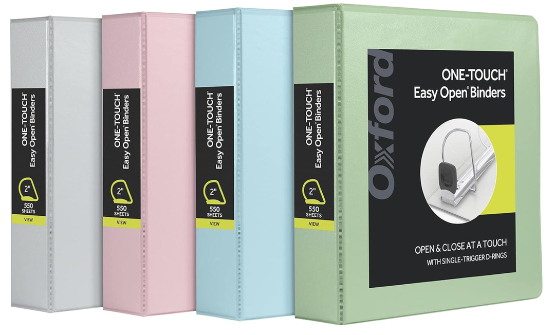 Oxford 3 Ring Binders, Binders for School and Office, 2 Inch ONETouch Easy Open D Rings, 3Sided View Binder Covers, Xtralife Hinge, NonStick, PVCFree, Black, 530Sheet Capacity, 4 Pack (79911)