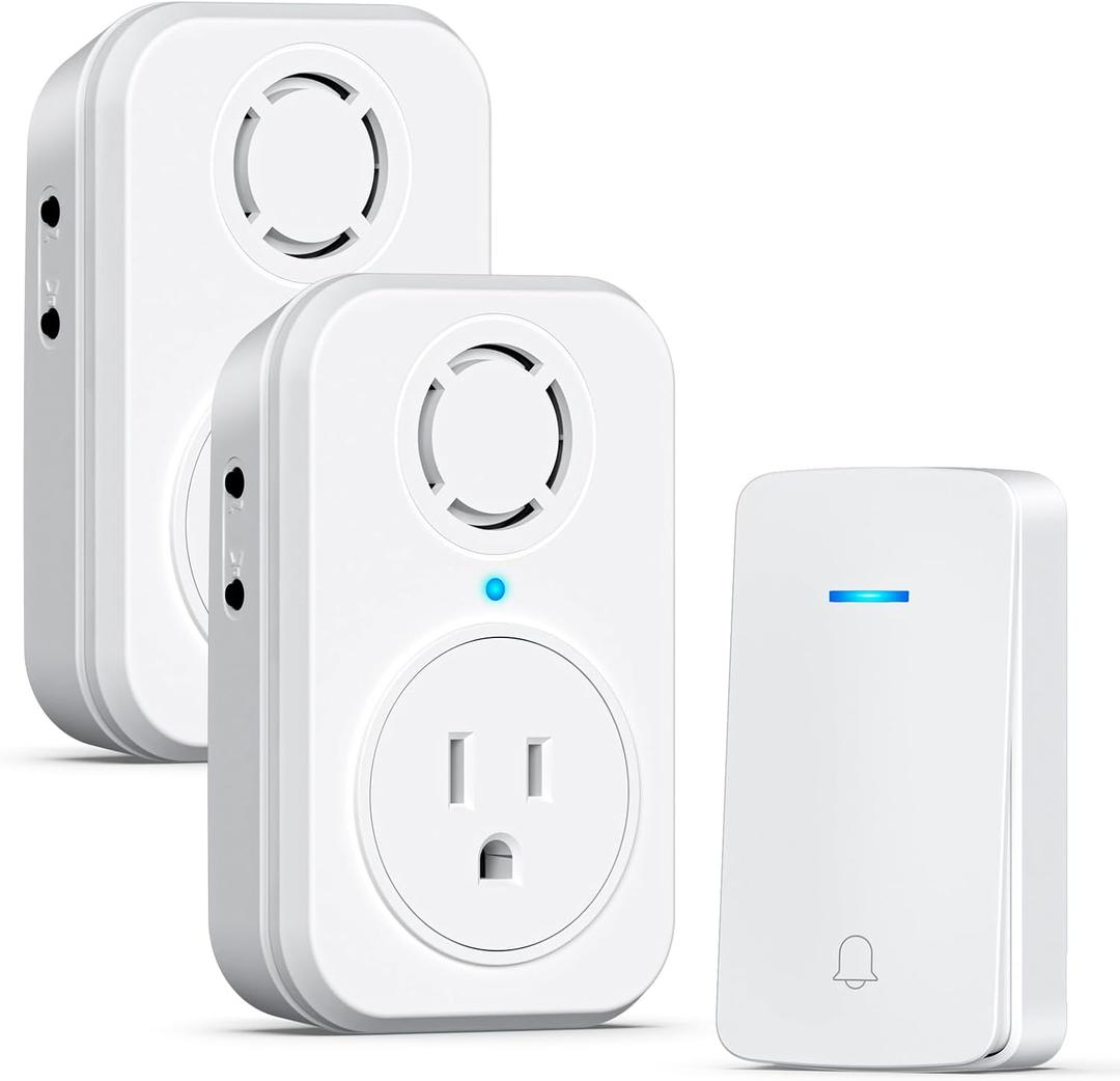 AIDA Wireless Doorbell, Self-powered Doorbell with Extra Socket, No Battery Required Push Button, Cordless Door Bell Ringer, 5 Volume Levels with 32 Doorbell Chimes (White, 1 Button & 2 Receiver)