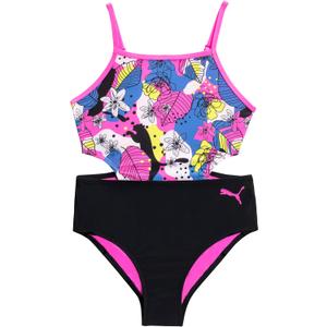 PUMA Girls' One Piece Bathing Suit, Athletic Swimsuit, Quick Dry, Day Dream (Pink, S)