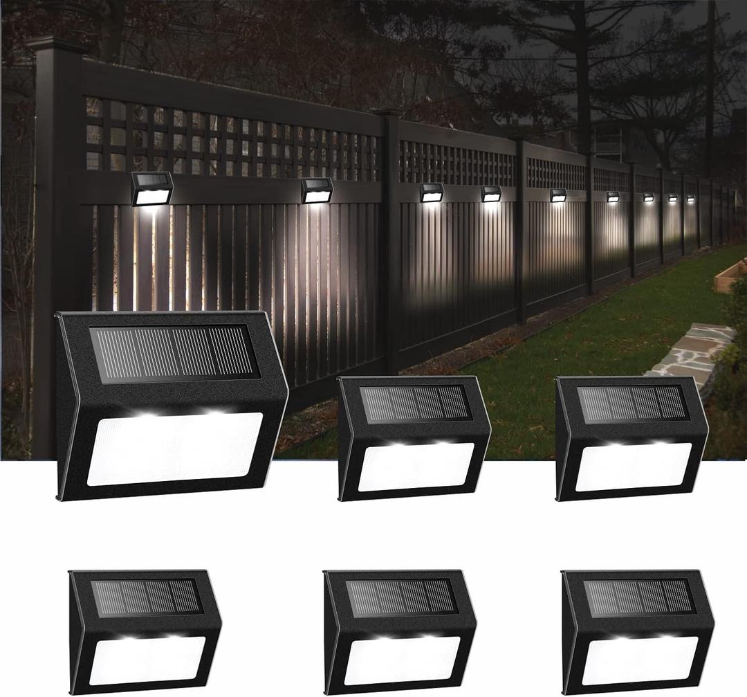 Solar Fence Lights Outdoor, Waterproof Deck Pathway Yard Lamp, Stainless Steel,6 Pack,Black Metal case, White Light