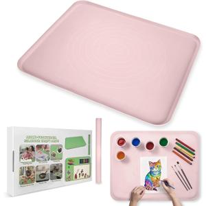 Extra Large Silicone Painting Mat for Crafts, 24x 19 Waterproof Art Mat with Raised Sides, for Paint, Clay Playdough, & Jewelry-Making (Pink)