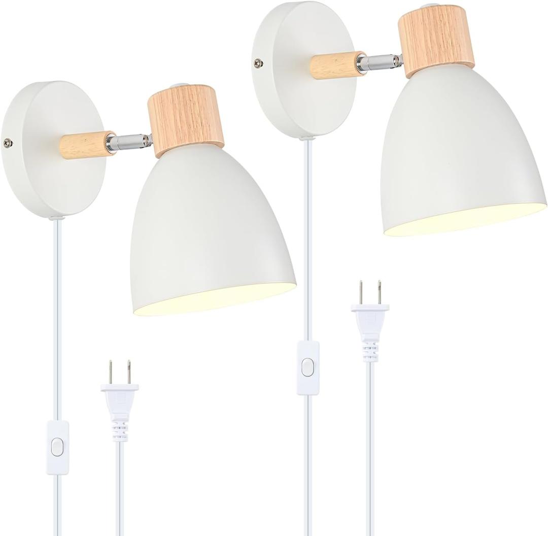Wall Sconces Plug in, Swing Arm Wall Lamp with Power Cord, White Plug in Wall Lighting Fixtures Set of Two, Bedside Wall Mounted Reading Lamp with Switch, for Bedside Bedroom Hallway