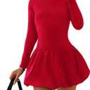 GORGLITTER Women's Long Sleeve Bubble Mini Dresses Elegant Classy Mock Neck Y2k Fall Cocktail Brunch Date Night Dresses (Red), Small