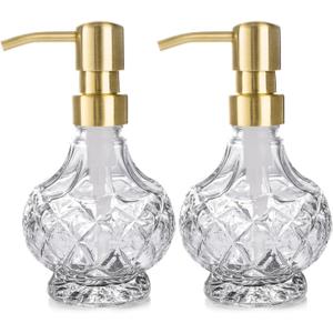 Glass Soap Dispenser Bathroom Hand Soap Dispenser with Stainless Steel Pump Liquid Soap and Lotion Dispenser Vintage Soap Dispenser Set for Bathroom Kitchen (Brushed Gold)