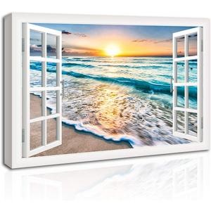 DUNHUANG ART Canvas Wall Art for Bedroom Decor - Beach Sunset Ocean Nature Pictures - Modern Stretched and Framed Seascape Giclee Artwork - Ready to Hang - 12x16 inches (16L" x 12W")