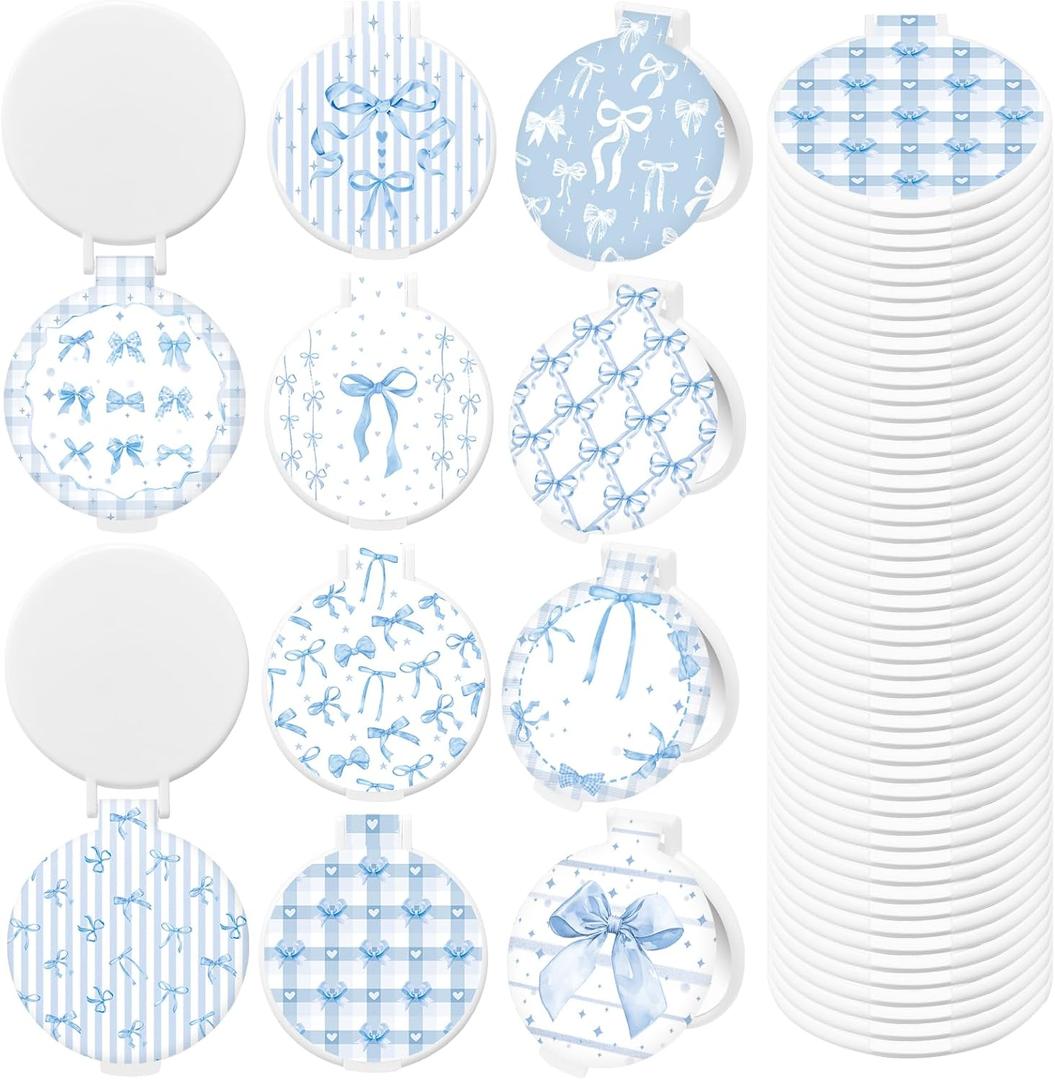 50 Pcs Blue Bow Compact Mirror Bulk Small Pocket Purse Round Mirror Portable Folding Makeup Blue Bow Mirrors Gifts for Women Coworker Employee Teacher