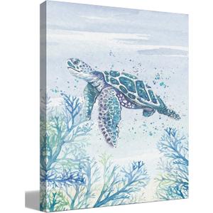 BIWSHA Blue Sea Turtle Wall Art Decor, Coastal Beach Bathroom Decor, 14"L x 11"W