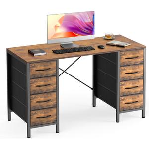 DUMOS 47 Inch Computer Desk with 8 Fabric Drawers, Office Gaming Desk with Storage, Writing Study Table with X-Shaped Reinforced Structure, Rustic Brown