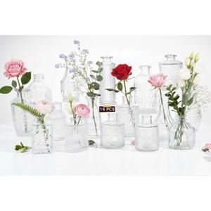 16 Pack Glass Bud Vases for Centerpieces - Bulk Small Flower Vases Set of 16, Mini Vintage Vases, 4 Styles for Party, Wedding Decorations, Baby Shower, Home Table Flower Dcor (Clear)
