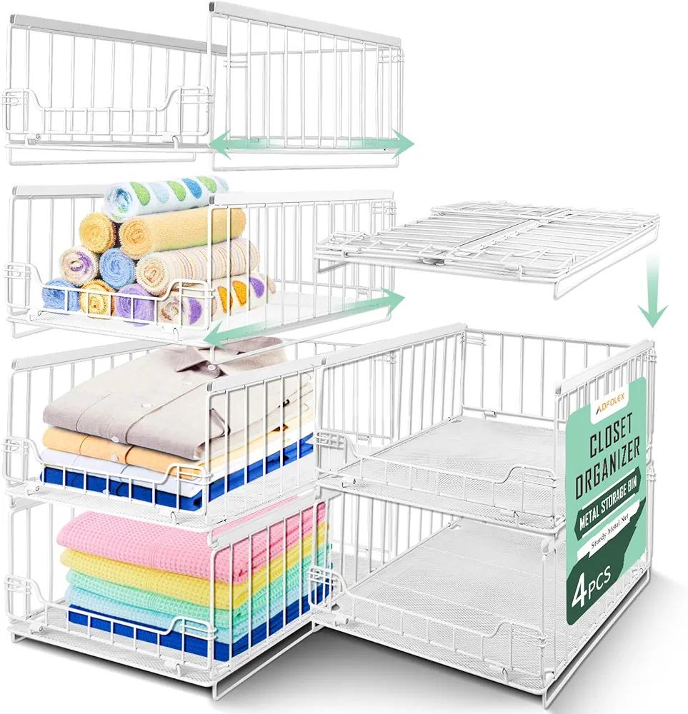 ADFOLEX Closet Organizer Storage Drawers for Clothes, Stackable Metal Storage Bins, Sliding Closet Organizers and Storage Shelves, Closet Wardrobe for Folded Clothes Jeans Pants (White-4PCS)