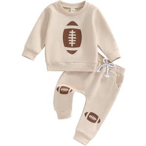 Infant Baby Boy Outfits Football Print Sweatshirt Top with Elastic Pant 2Pcs Toddler Fall Winter Clothes Set (12-18 Months, Khaki)