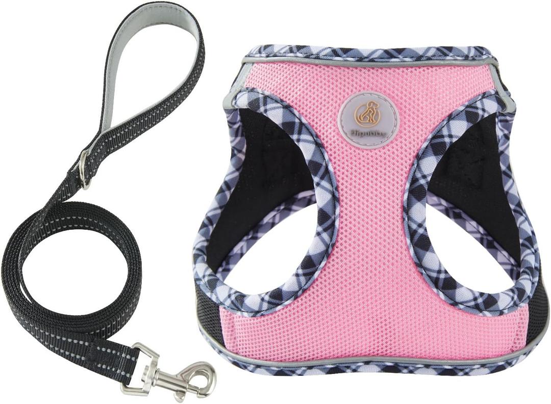 Hipubby Dog Harness Small Sized and Leash Set, No Pull Soft Mesh Puppy Vest, Reflective Breathable Lightweight Pet Harness, Harness for Small Medium Dogs and Cats - Black Pink, S (S (Chest: 14.5"-16"))