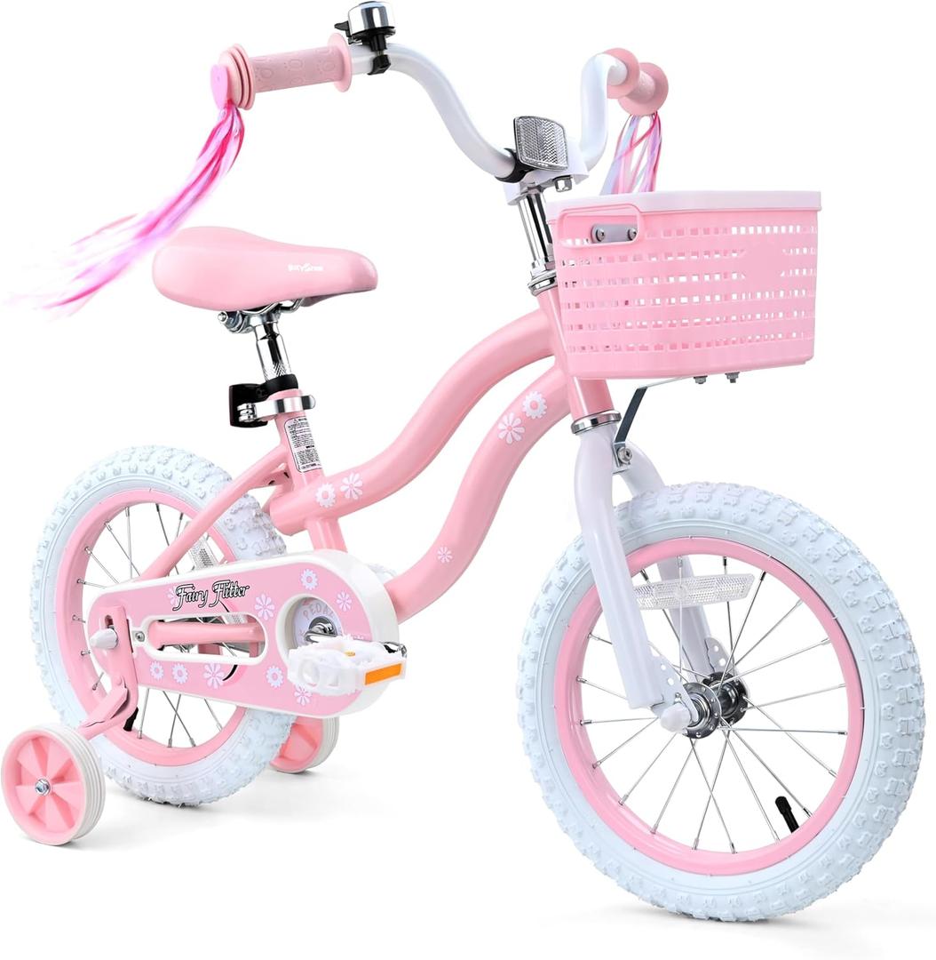 bicystar 14 Inch Flower Girls Bike with Training Wheels for Ages 2-4, Pink