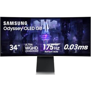 Samsung 34' Odyssey G85SB Series QD-OLED Ultra WQHD Curved Gaming Monitor, 175Hz, 0.03ms, DisplayHDR True Black 400, AMD FreeSync Premium Pro, Advanced Game Streaming, LS34BG850SNXZA